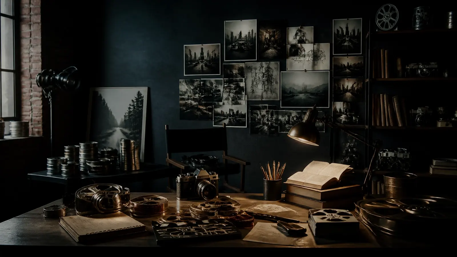 Film reels, a camera, contact sheets, and an open book in a cinematic studio