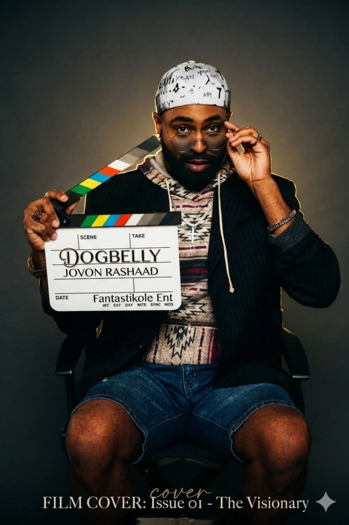 Director Jovon Dizard, also known as Jovon Rashaad, holding a Dogbelly film clapperboard in a portrait setup.