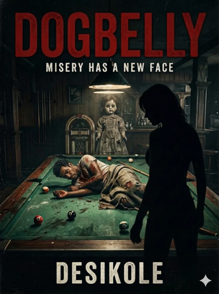 Dogbelly novel-to-screen project artwork showing a dim pool hall, a wounded figure, and a silhouetted woman beneath the title.