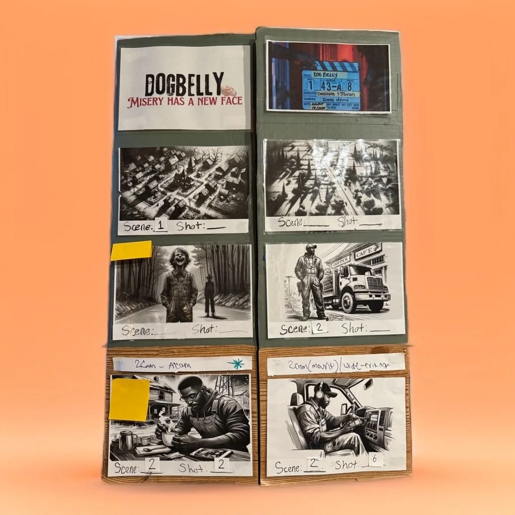 Open Dogbelly storyboard binder showing illustrated scenes, handwritten shot notes, and a film clapperboard reference.